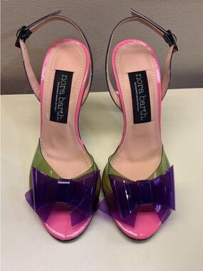 Nora Barth Made in Italy clear Pink, Green & Purple Bow leather Slingback Heels